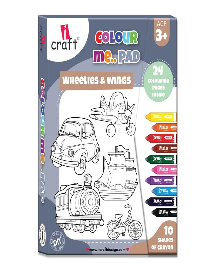 iCraft Vehicle Coloring Pad for Toddlers & Preschoolers - 24 Pages of Cars, Planes, Trains & More + 10 Crayons - Kids Art Set Gift - Image 1